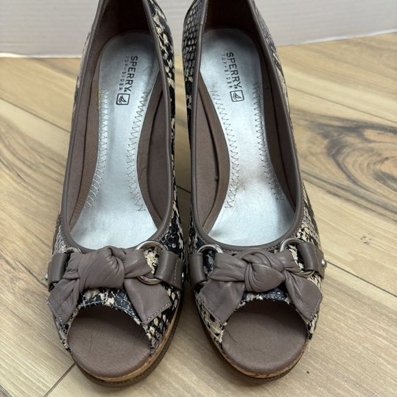 Sperry Top Sider 9 Snake Print Wedge Leather Peep Toe Heel Career Size 9.5 - Picture 2 of 8